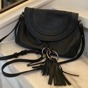 Medium size black leather cross body bag